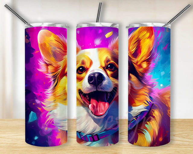 A Colorful Portrait Of A Corgi Looking Cheeky 20oz Skinny Tumbler Png, Colorful Corgi Tumbler, Colorful Neon Corgi Dog Tumbler, Neon Rainbow Cute Funny Png Sublimation BouDesign 