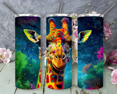 A Giraffe Is Painted In Rainbow Colors 20oz Skinny Tumbler Png, Giraffe Tumbler, Neon Giraffe Tumbler Wrap, Rainbow Alcohol Ink Glitter, Colorful Giraffe Tumbler Sublimation DesignSVG 