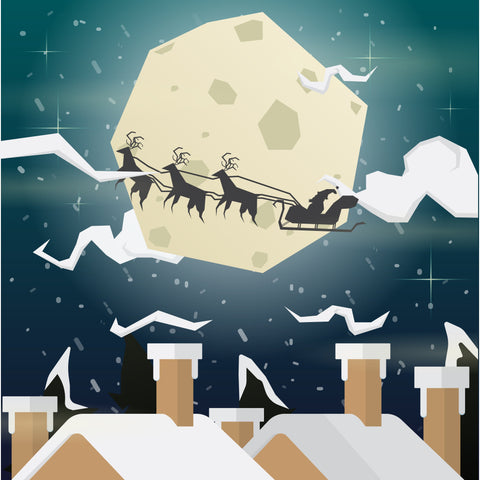 A house in a snowy Christmas landscape at night. Christmas background with the moon and the silhouette of Santa Claus flying on a sleigh. the concept for greeting or postal card SVG naemmiah021 