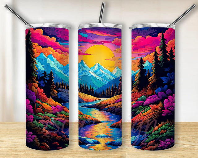 A Mountain Landscape 20oz Skinny Tumbler Png, Colorful Mountain Landscape Tumbler, Alcohol Ink Mountain Landscape Tumbler Wrap Png, Mountain Tumbler Png Sublimation BouDesign 