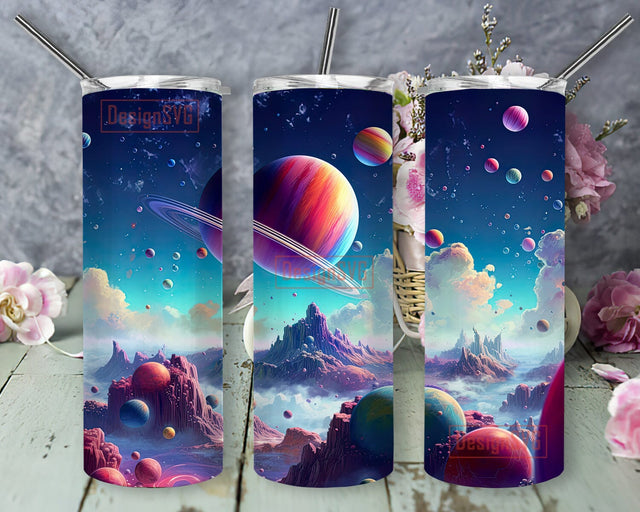 A New Scifi 20oz Skinny Tumbler Png, Scifi Desktop Wallpaper With Planets Flying Above The Clouds Png, Moon Desktop Wallpaper Tumbler, Sci-fi Moon Galaxy Space Png Sublimation DesignSVG 