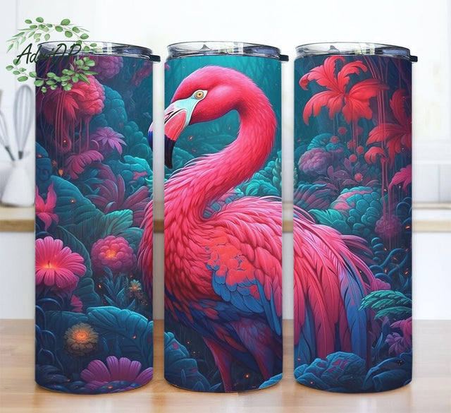A Pink Flamingo With Colorful Flowers 20oz Skinny Tumbler Png, Pink Flamingo Flowers Tumbler, Floral Tumbler Wrap, Spring Tumbler, Pink Rose Tumbler Sublimation AdriOP 
