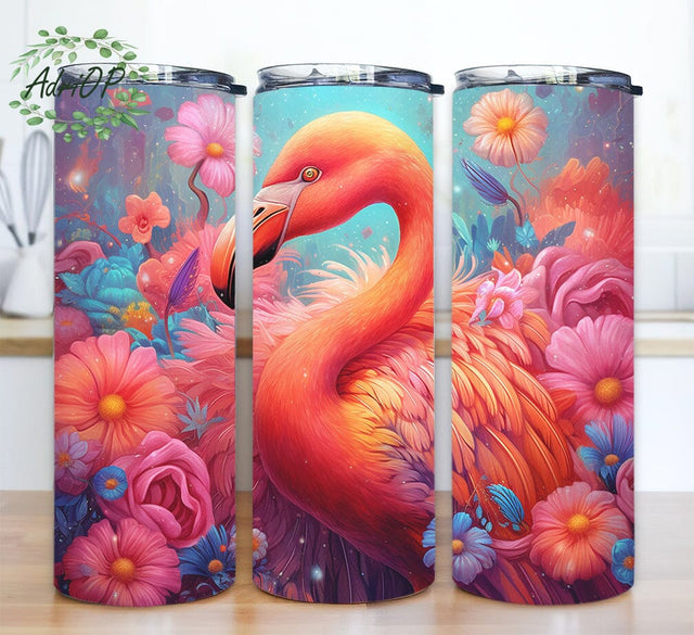 A Pink Flamingo With Colorful Flowers 20oz Skinny Tumbler Png, Pink Flamingo Flowers Tumbler, Floral Tumbler Wrap, Spring Tumbler, Pink Rose Tumbler Sublimation AdriOP 