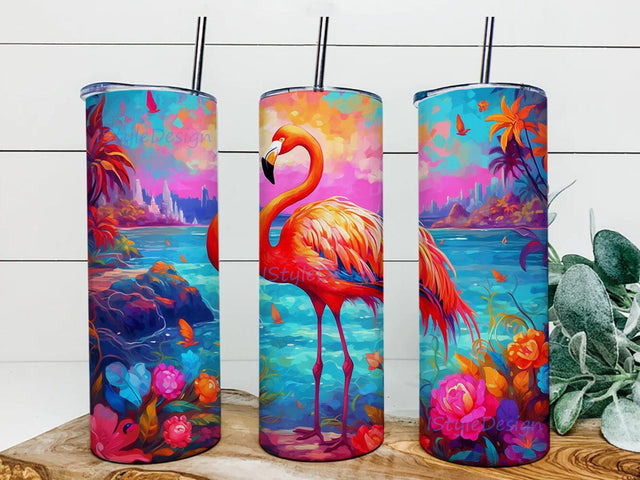 A Pink Flamingo With Colorful Flowers 20oz Skinny Tumbler Png, Pink Flamingo Flowers Tumbler, Floral Tumbler Wrap, Spring Tumbler, Pink Rose Tumbler Sublimation iStyleDesign 