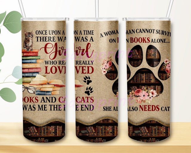 A Woman Cannot Survive On Books Alone Tumbler Reading Design Librarians 20oz Skinny Tumbler, Cat Lover Gifts For Girls Books Tumbler, Cat Book Tumbler Sublimation sassyprint 