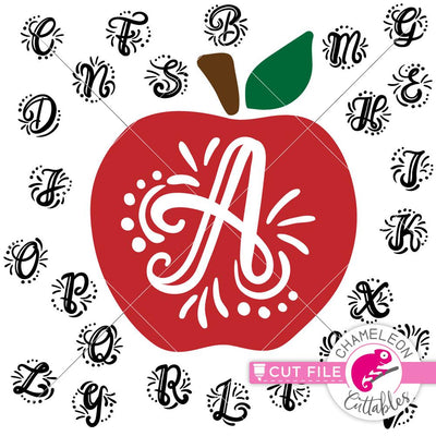 A-Z hand lettered Initials with Apple - School SVG Chameleon Cuttables 