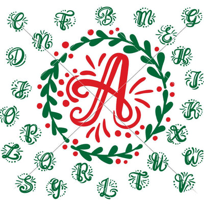 A-Z hand lettered Initials with Mistletoe Wreath - Christmas Monogram SVG Chameleon Cuttables 