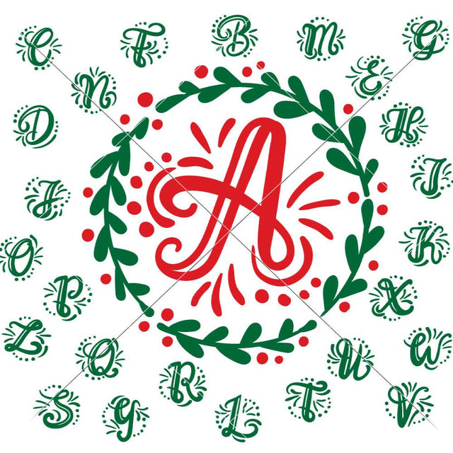A-Z hand lettered Initials with Mistletoe Wreath - Christmas Monogram SVG Chameleon Cuttables 