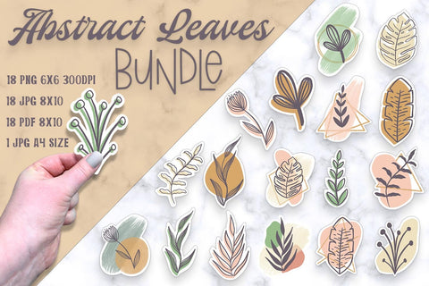 Abstract Leaves Stickers Bundle PNG Hand drawn Stickers Print Then Cut Boho Vibes Sublimation RoseMartiniDesigns 