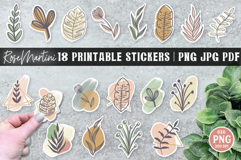 Abstract Leaves Stickers Bundle PNG Hand drawn Stickers Print Then Cut Boho Vibes Sublimation RoseMartiniDesigns 