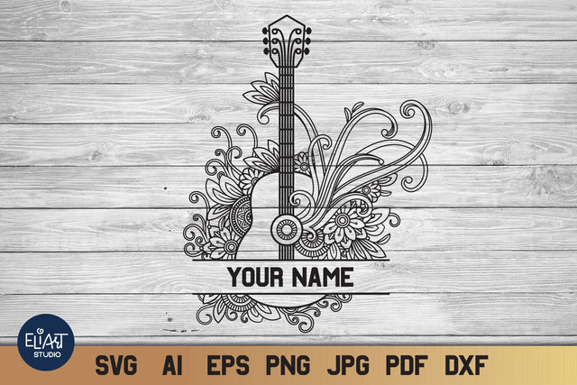 Acoustic Guitar SVG, Music Split Monogram SVG with Flowers. SVG Elinorka 