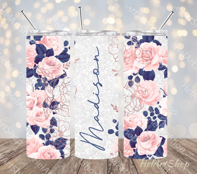 Add Your Name Tumbler PNG, Blush Navy Roses Tumbler PNG Sublimation _HelArtShop_ 