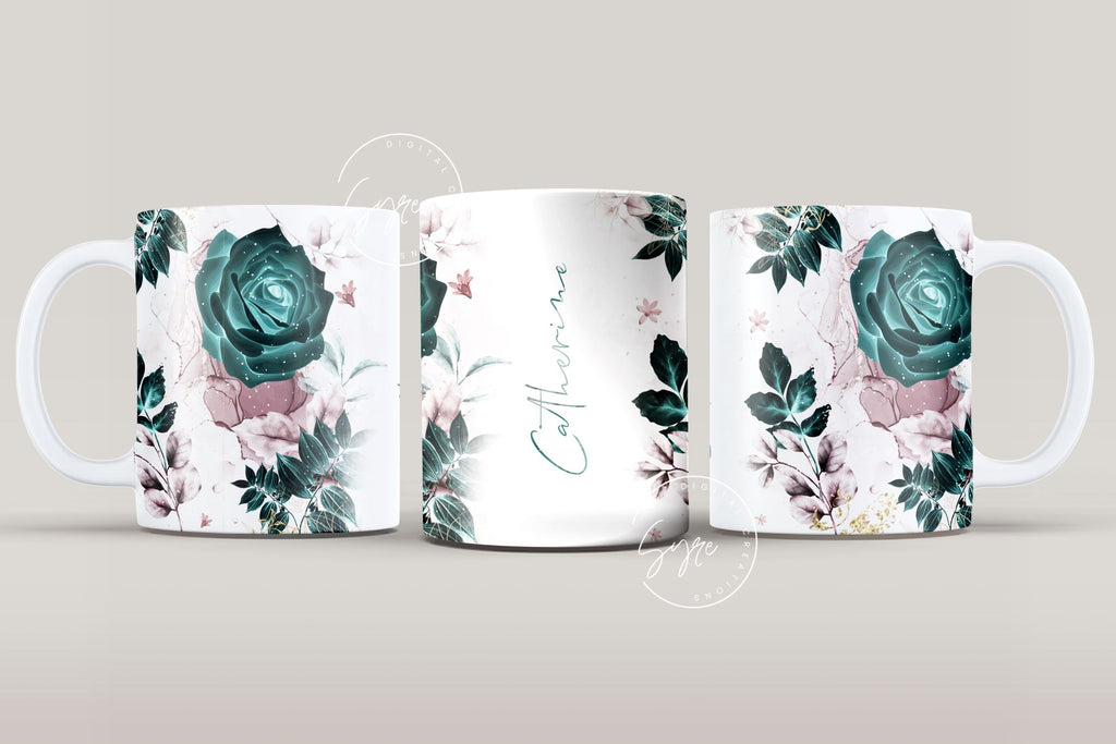 Add Your Own Name Mug Design, Green Gold Floral Sublimation Wrap ...