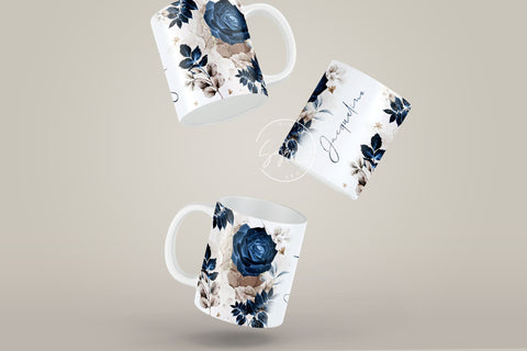 Add Your Own Name Mug Design, Navy Blue Gold Floral Sublimation Wrap, Flower Mug Wrap, 11 & 15 Oz Mug Cricut Press Sublimation Wrap Sublimation Syre Digital Creations 