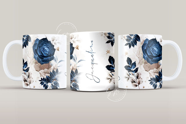 Add Your Own Name Mug Design, Navy Blue Gold Floral Sublimation Wrap, Flower Mug Wrap, 11 & 15 Oz Mug Cricut Press Sublimation Wrap Sublimation Syre Digital Creations 