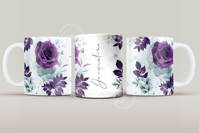 Add Your Own Name Mug Design, Purple Rose Gold Floral Sublimation Wrap, Flower Mug Wrap, 11 & 15 Oz Mug Cricut Press Sublimation Wrap Sublimation Syre Digital Creations 