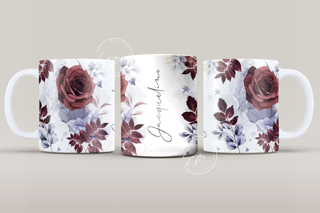 Add Your Own Name Mug Design, Red Rose Gold Floral Sublimation Wrap, Flower Mug Wrap, 11 & 15 Oz Mug Cricut Press Sublimation Wrap Sublimation Syre Digital Creations 