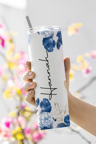Add Your Own Name Navy Blue Gold Floral Sublimation Tumbler, Sublimation Designs Downloads, 20oz Skinny Tumbler Design PNG Sublimation CaldwellArt 
