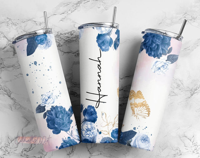 Add Your Own Name Navy Blue Gold Floral Sublimation Tumbler, Sublimation Designs Downloads, 20oz Skinny Tumbler Design PNG Sublimation CaldwellArt 