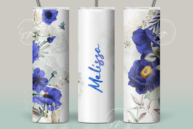 Add Your Own Name Tumbler, Skinny Tumbler 20 oz Design Wrap, Blue Gold Floral, Seamless Sublimation Design PNG, Skinny Travel Tumbler Sublimation Syre Digital Creations 