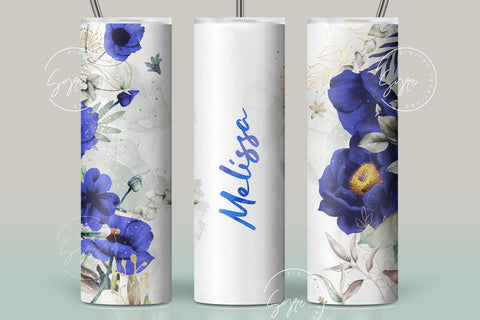 Add Your Own Name Tumbler, Skinny Tumbler 20 oz Design Wrap, Blue Gold Floral, Seamless Sublimation Design PNG, Skinny Travel Tumbler Sublimation Syre Digital Creations 