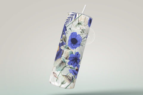 Add Your Own Name Tumbler, Skinny Tumbler 20 oz Design Wrap, Blue Gold Floral, Seamless Sublimation Design PNG, Skinny Travel Tumbler Sublimation Syre Digital Creations 