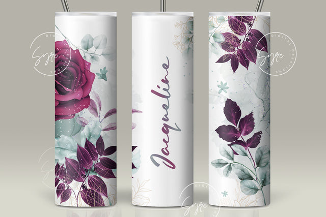 Add Your Own Name Tumbler, Skinny Tumbler 20 oz Design Wrap, Maroon Gold Floral, Seamless Sublimation Design PNG, Skinny Travel Tumbler Sublimation Syre Digital Creations 