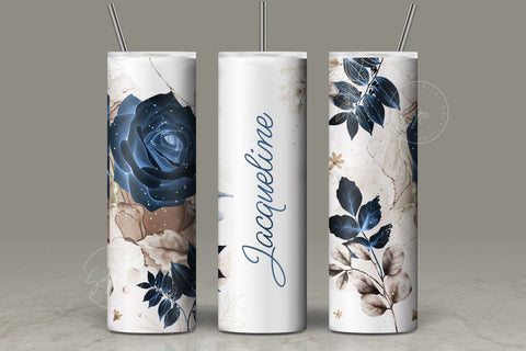 Add Your Own Name Tumbler, Skinny Tumbler 20 oz Design Wrap, Navy Blue Gold Floral, Seamless Sublimation Design PNG, Skinny Travel Tumbler Sublimation Syre Digital Creations 