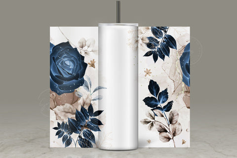 Add Your Own Name Tumbler, Skinny Tumbler 20 oz Design Wrap, Navy Blue Gold Floral, Seamless Sublimation Design PNG, Skinny Travel Tumbler Sublimation Syre Digital Creations 