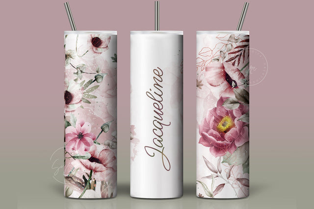 Add Your Own Name Tumbler, Skinny Tumbler 20 oz Design Wrap, Pink Yellow Floral, Seamless Sublimation Design PNG, Skinny Travel Tumbler Sublimation Syre Digital Creations 
