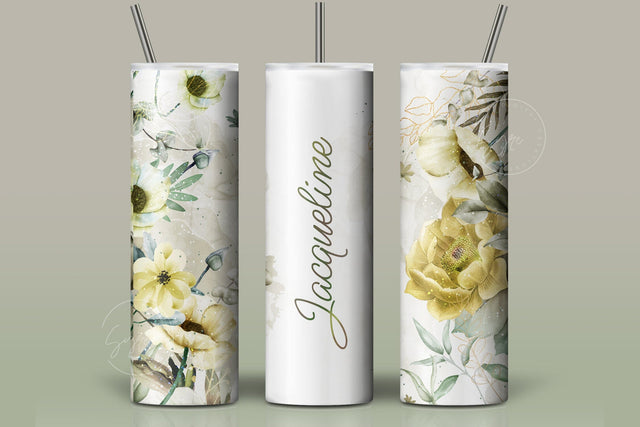 Add Your Own Name Tumbler, Skinny Tumbler 20 oz Design Wrap, Yellow Green Floral, Seamless Sublimation Design PNG, Skinny Travel Tumbler Sublimation Syre Digital Creations 