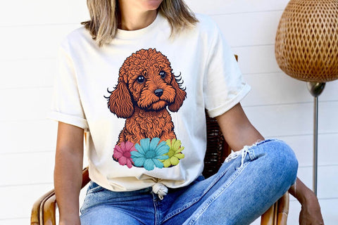 Adorable Red Golden Doodle with Flowers - High-Quality Sublimation PNG Free For Commercial Use Sublimation Sintegra 