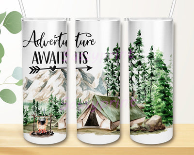Adventure Awaits Camping Tent 20oz Skinny Tumbler, Adventure Png, Mountain Png, Family Camping, Funny Tumbler, Custom Tumbler Sublimation sassyprint 