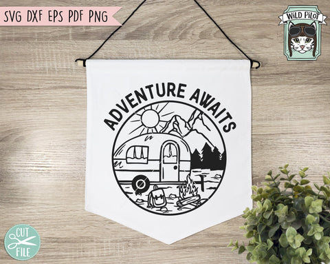 Adventure Awaits svg file, Camper SVG file, Camper cut file, Camping svg, Camping Mountain Scene, Camping Patch svg, Camping cut file SVG Wild Pilot 