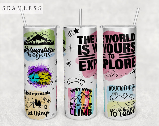 Adventure Quotes Tumbler Wrap, 20 Oz Skinny Tumbler Sublimation Design, Seamless Adventures Sayings Tumbler PNG Sublimation HappyDesignStudio 