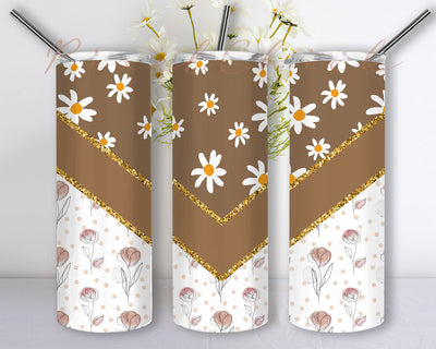 Aesthetic Floral 20oz Sublimation Tumbler Designs, Retro Brown Beige V Split 20 oz Skinny Tumbler Sublimation Sublimation PixelChick 
