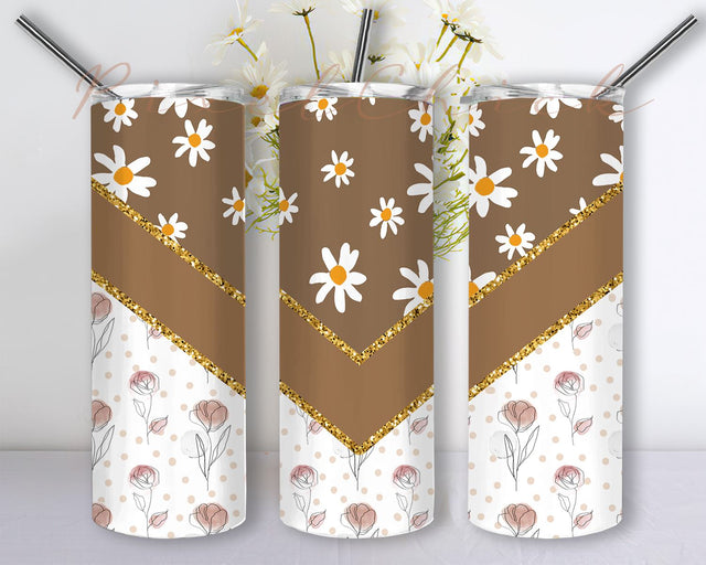 Aesthetic Floral 20oz Sublimation Tumbler Designs, Retro Brown Beige V Split 20 oz Skinny Tumbler Sublimation Sublimation PixelChick 