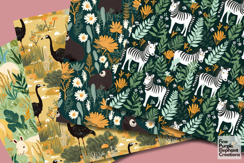 African Safari Animals Pattern Digital Pattern Fine Purple Elephant Creations 