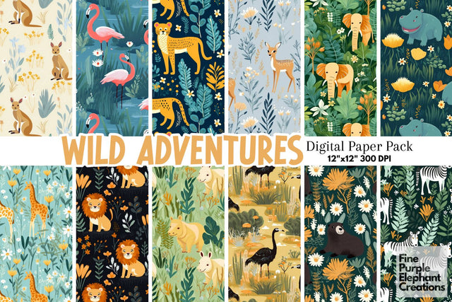 African Safari Animals Pattern Digital Pattern Fine Purple Elephant Creations 