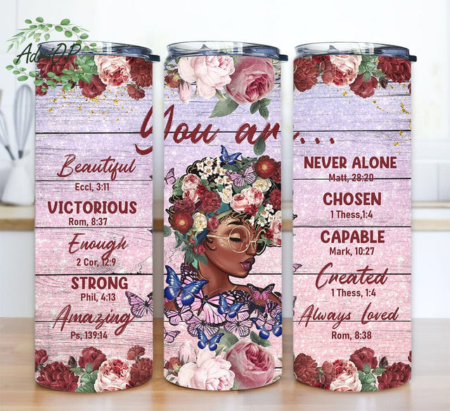 African Women Beautiful Amazing 20oz Skinny Tumbler Png, Christian Inspirational, Faith God Tumbler, Butterfly Afro Women, Rose Afro Women Sublimation AdriOP 