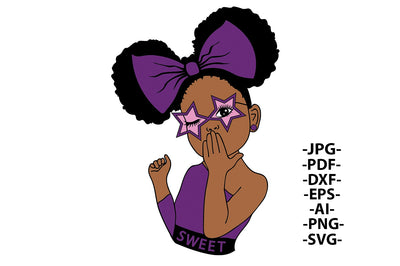 Afro Girl Svg, Eggplant Color, Sweet Girl Svg, Fashion Afro, Girl Give Kiss, Handbag Heart, Glasses Stars, Pink Ribbon, Cute Kid SVG 1uniqueminute 