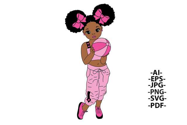 Afro Girl Svg, Girl With Ball, Fashion Baby Girl Svg, Hair with Bows, Kids Afro Svg, Pink Pants, Afro Woman, Black History, Svg Cut File SVG 1uniqueminute 