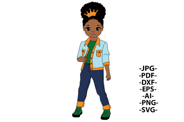 Afro Girl Svg, Princess Girl, Blue Jeans, Black Girl Svg with Green Shoes, Fashion Afro Svg, Sweet Girl Svg, Little Cute Girl, Red Ribbon SVG 1uniqueminute 