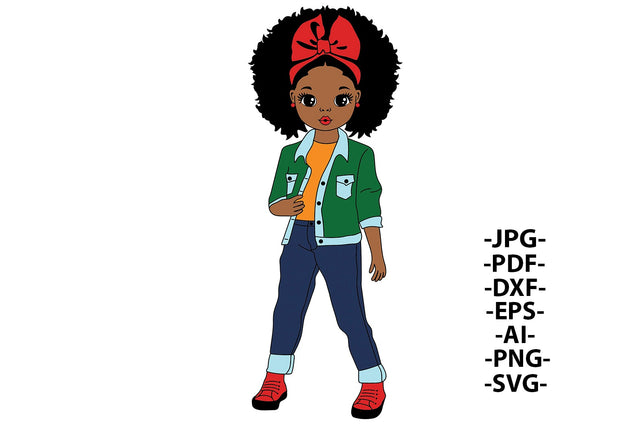 Afro Girl Svg with Green Jacket, Blue Jeans, Black Girl Svg with Red Shoes, Fashion Afro Svg, Sweet Girl Svg, Little Cute Girl, SVG 1uniqueminute 