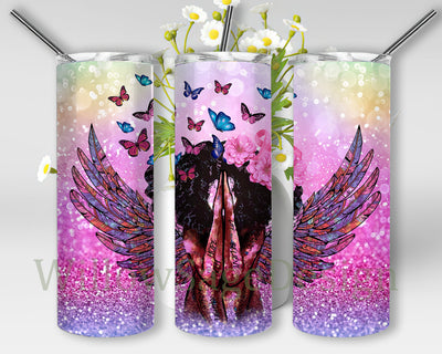 Afro Woman Breast Cancer Awareness 20oz Skinny Tumbler, Breast Cancer Warrior Black Woman Glitter Png, Flower Pink Ribbon Tumbler Png, Motivation Gift, Instant Download Sublimation WillowSageDesign 