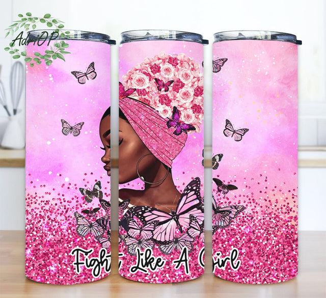 Afro Woman Fight Like A Girl 20oz Skinny Tumbler Png, Black Little Girl Png, Melanin Princess Png, Glitter Pink Butterfly Melanin Princess Tumbler Png Sublimation AdriOP 