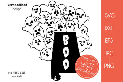 Alabama AL state map Cute Halloween Boo cute scary ghosts faces SVG DXF EPS SVG FunPaperWood 