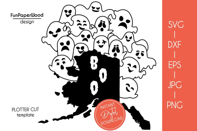 Alaska AK state map Cute Halloween Boo cute scary ghosts faces SVG DXF EPS SVG FunPaperWood 