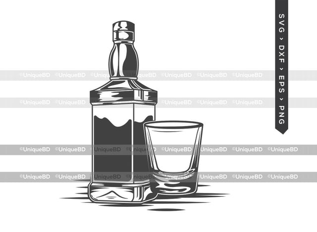 Alcohol Bottle And Glass SVG Cut File | Alcohol Bottle Svg | Scotch Drinking Svg | Whiskey Bottle Svg | Whiskey Glass Svg | Alcohol Bottle And Glass Silhouette | Dxf | Eps | Png | Cut File SVG ETC Craft 