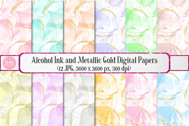 Alcohol Ink and Metallic Gold Digital Paper Backgrounds Set Digital Pattern SineDigitalDesign 